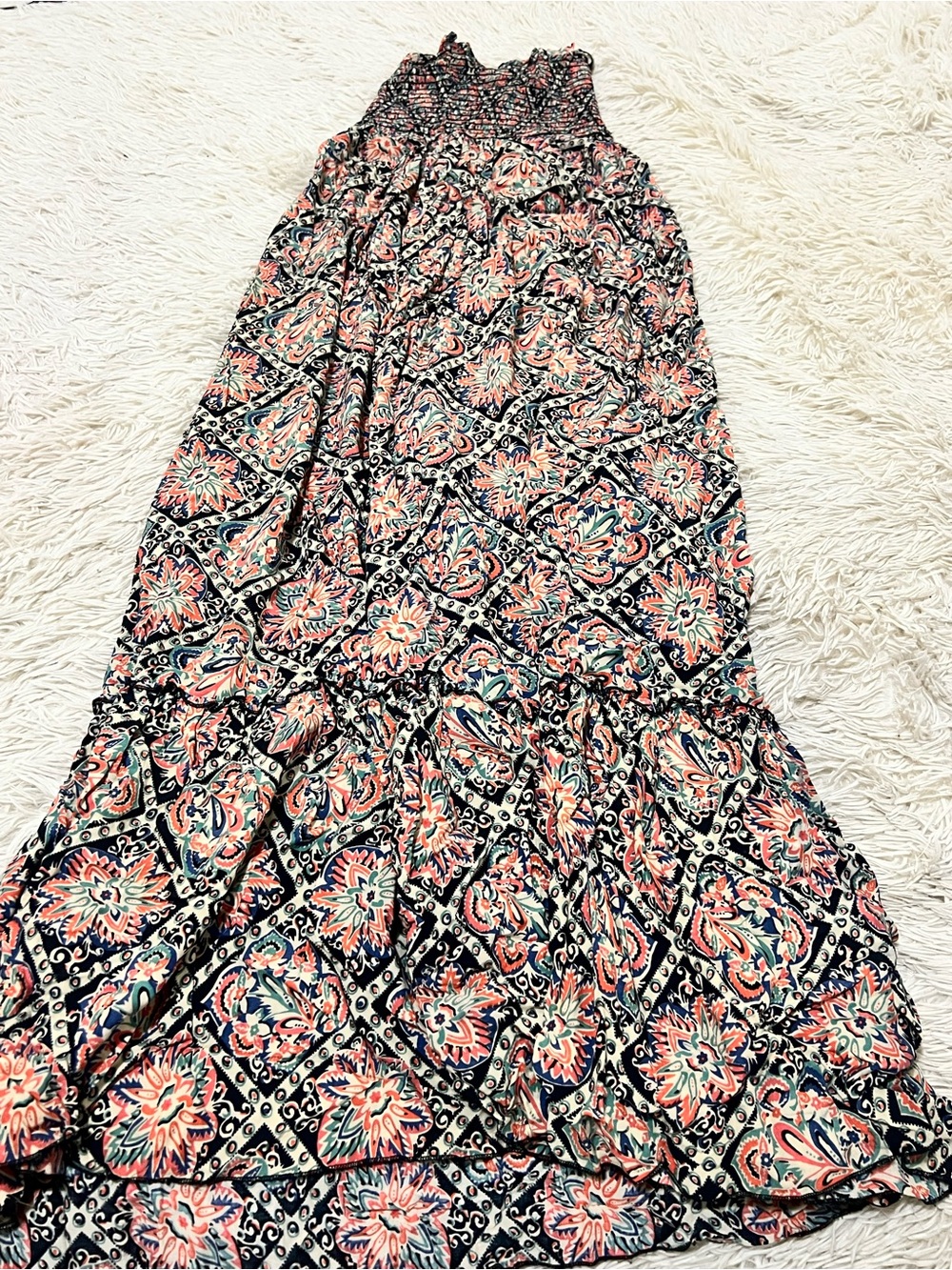 Women's Smocked Maxi dress in Coral Navy Floral